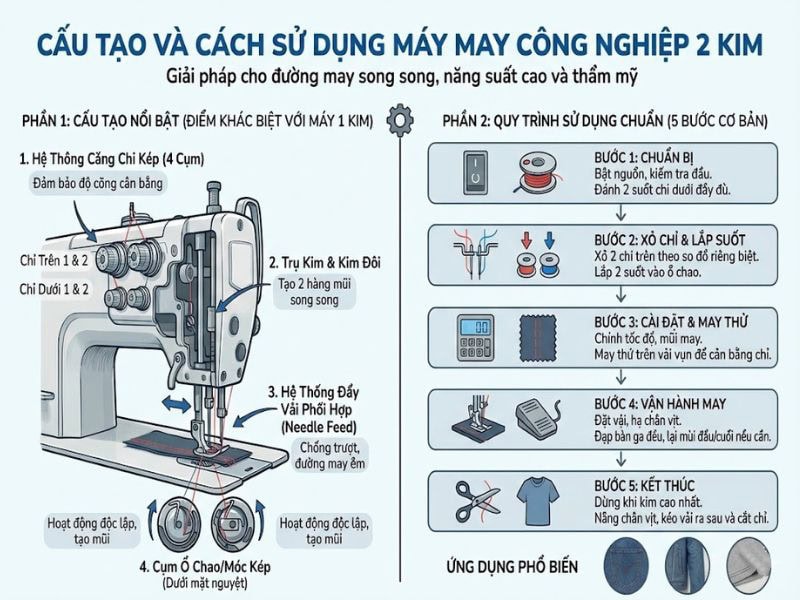 cau tao va cac su dung may may 2 kim Cấu tạo và cách sử dụng máy may công nghiệp 2 kim