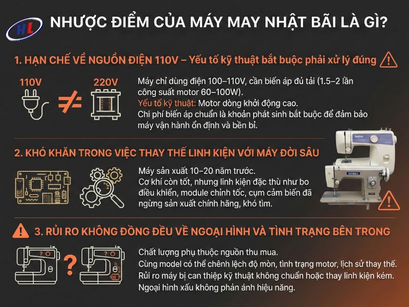 nhuoc diem may may nhat bai Nhược điểm máy may Nhật bãi