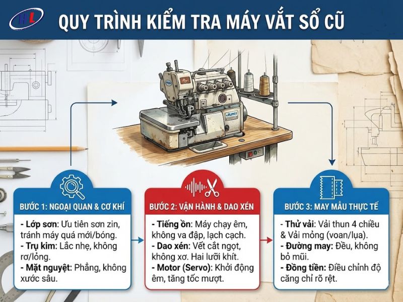 quy trinh kiem tra may vat so cu Quy trình kiểm tra máy vắt sổ cũ