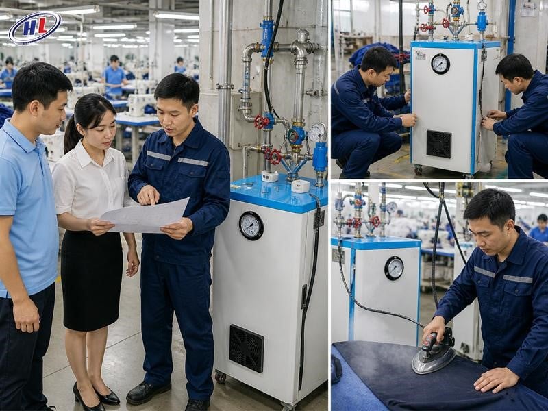 quy trinh lap dat noi hoi tai hoang lam Quy trình tư vấn và lắp đặt nồi hơi ủi công nghiệp tại Điện Máy Tổng Hợp Miền Nam
