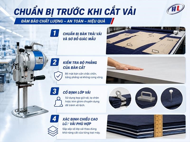 chuan bi truoc khi su dung may cat vai dung Chuẩn bị bàn trải vải và sơ đồ giác mẫu