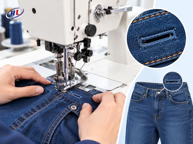 may thua khuy dau tron ung dung may quan jean Sử dụng máy thùa khuy đầu tròn trong sản xuất quần Jeans, đồ Denim